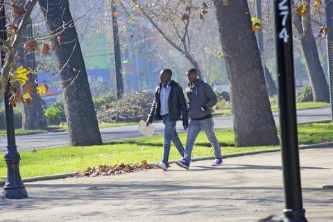 Dos hombres caminan juntos por un parque en un día soleado.