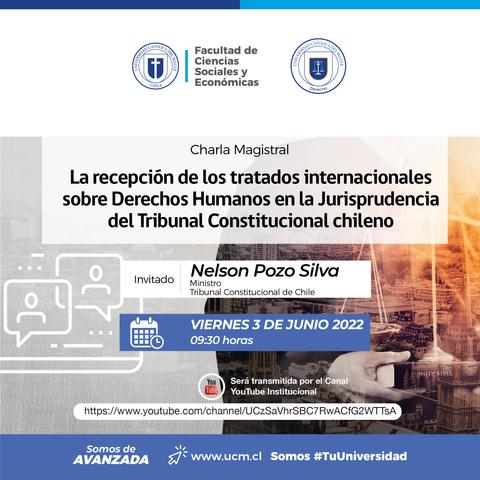Anuncio de una charla magistral sobre derechos humanos en el Tribunal Constitucional chileno.