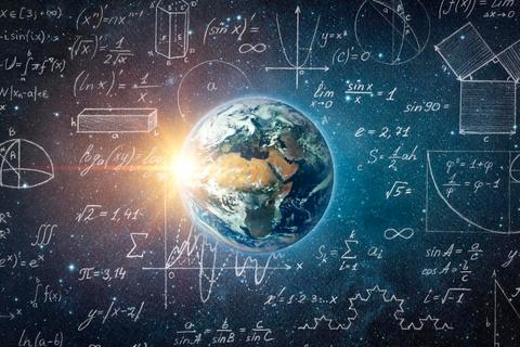 Una representación de la Tierra rodeada de fórmulas matemáticas y gráficos en un fondo estrellado.