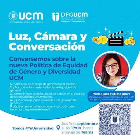 Imagen que promociona un evento sobre la política de equidad de género y diversidad en la Universidad Católica del Maule.