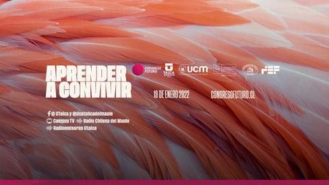 Una imagen que promueve un congreso sobre convivencia, con un fondo de plumas coloridas.