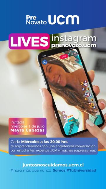 Anuncio de un evento en vivo en Instagram organizado por el Pre Novato UCM con invitada especial Mayra Cabezas.