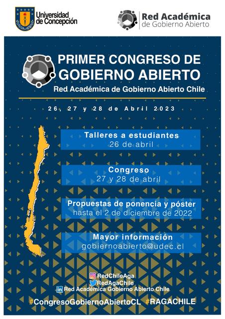 Un cartel publicitario sobre el primer congreso de Gobierno Abierto en Chile, destacando fechas y actividades.
