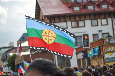 Una bandera de la cultura mapuche ondeando en medio de una multitud.