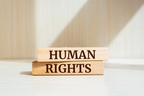 Dos bloques de madera con las palabras 'HUMAN RIGHTS' grabadas en ellos.