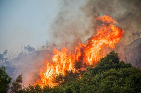 Un incendio forestal consume la vegetación en una colina.