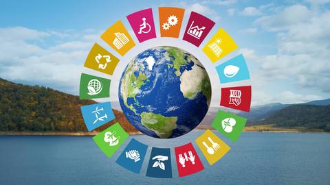 Imagen que representa el planeta Tierra rodeado de iconos relacionados con la sostenibilidad y el medio ambiente.