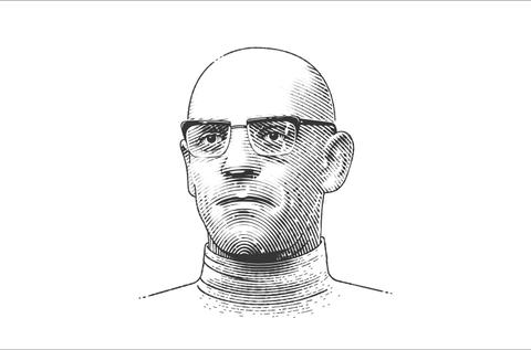 La imagen muestra un retrato en estilo ilustrado de un hombre calvo, con gafas y un suéter de cuello alto.