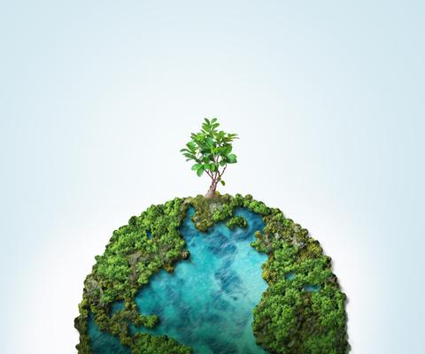 Un planeta con un árbol verde que simboliza la naturaleza y la vida.