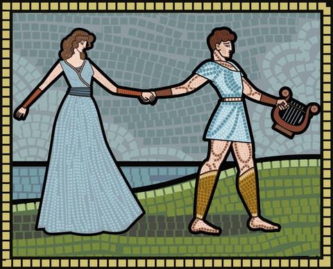 La imagen muestra a dos figuras humanas, un hombre y una mujer, caminando juntos en un paisaje estilizado.