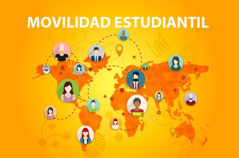 La imagen representa un mapa del mundo con figuras de personas y conexiones, simbolizando la movilidad estudiantil.