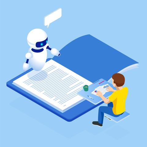 Un robot interactúa con una persona mientras ella trabaja en un libro digital.