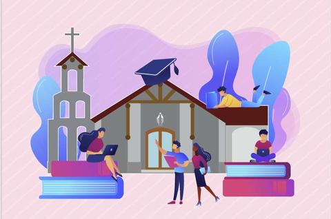 Una ilustración que representa un entorno educativo con personas interactuando y libros en el fondo.