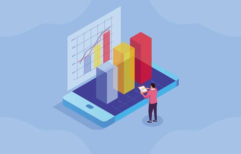 Un hombre está analizando gráficos de barras en un teléfono móvil.