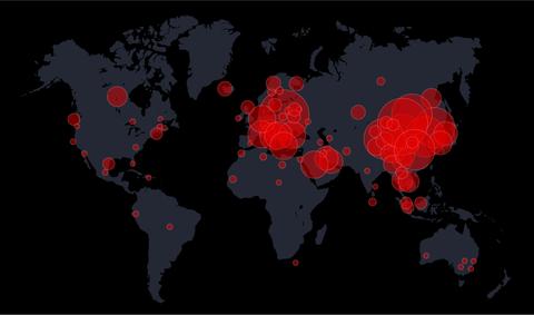 Mapa mundial que muestra la distribución de casos con círculos rojos de diferentes tamaños que indican la magnitud de cada área afectada.