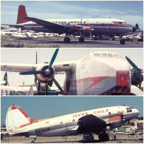 La imagen muestra varios aviones históricos de la aerolínea Taxi Aéreo de Chile en diferentes condiciones y ángulos.
