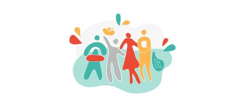 Una ilustración que muestra un grupo de personas de colores vibrantes en un entorno amigable.