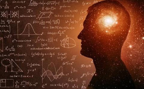La imagen muestra la silueta de un rostro humano con un fondo de ecuaciones matemáticas y una galaxia en el área de la cabeza.