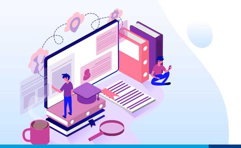 La imagen muestra un entorno de aprendizaje digital con libros, un dispositivo móvil y elementos educativos.