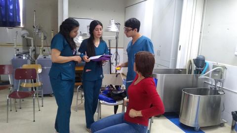 Un grupo de estudiantes de medicina discute mientras una mujer sentada observa atentamente en un salón clínico.