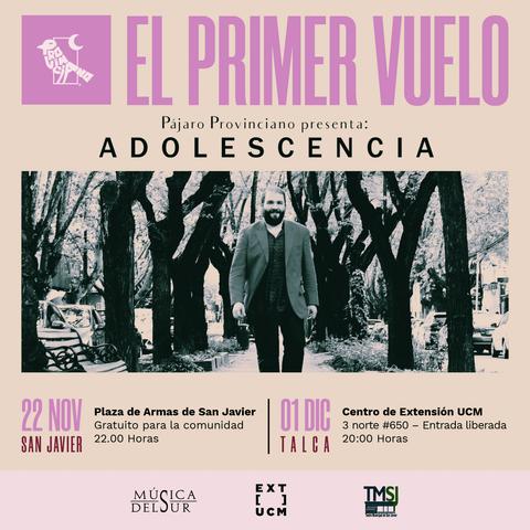 Anuncio de un evento cultural titulado 'El Primer Vuelo', que presenta un espectáculo llamado 'Adolescencia'.