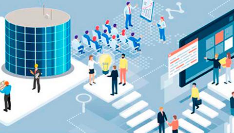 La imagen muestra un entorno de trabajo colaborativo centrado en la tecnología y el análisis de datos.