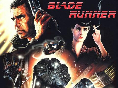 Un cartel de la película Blade Runner que muestra a dos personajes principales en un entorno futurista.