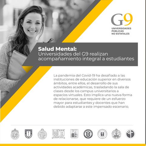 La imagen presenta información sobre el acompañamiento integral a estudiantes por parte de las universidades del G9 en el contexto de la salud mental.