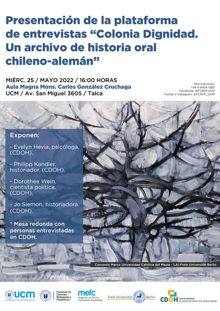 Anuncio sobre la presentación de una plataforma de entrevistas relacionadas con la historia oral de Colonia Dignidad.