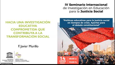 Un cartel que anuncia el IV Seminario Internacional de Investigación en Educación para la Justicia Social, con información sobre la fecha y el ponente.