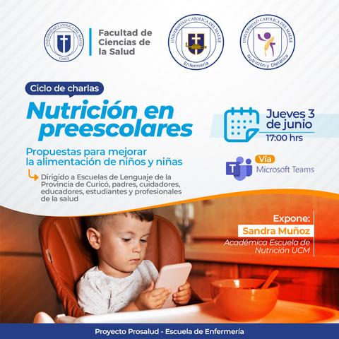 Un cartel que promociona un ciclo de charlas sobre nutrición en preescolares, programado para el jueves 3 de junio a las 17:00 hrs a través de Microsoft Teams.
