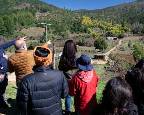 Un grupo de personas observa y señala hacia el paisaje montañoso y arbolado.