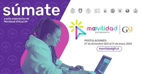 Una joven está trabajando en una laptop mientras interactúa con elementos gráficos coloridos que promueven la movilidad estudiantil.