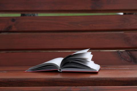 Un libro abierto descansa sobre un banco de madera.