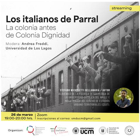 Anuncio sobre un evento en línea que aborda la historia de la colonia italiana en Parral antes de Colonia Dignidad.