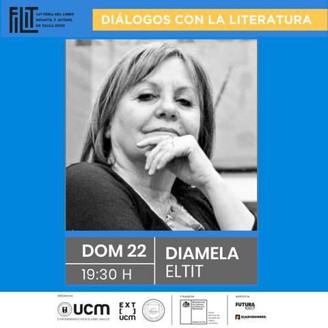 La imagen muestra un anuncio de un evento literario con la autora Diamela Eltit.