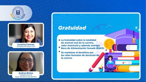 La imagen presenta a dos mujeres hablando sobre el tema de la gratuidad en la educación superior.