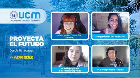 Imagen que presenta cuatro estudiantes de la Universidad Católica del Maule en un evento sobre vocaciones profesionales.