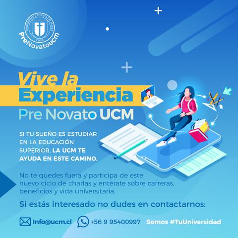 Anuncio sobre el programa Pre Novato UCM dirigido a estudiantes interesados en la educación superior.