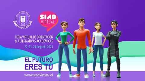 Imagen de personajes animados que representan una feria virtual de orientación académica.