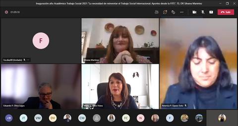 Inauguración del año académico de Trabajo Social 2021 con varios panelistas en una videoconferencia.