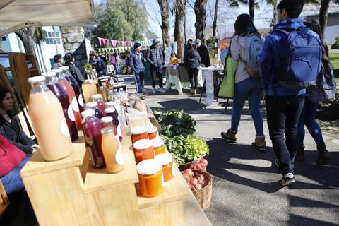 Un mercado al aire libre con productos frescos y visitantes.