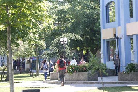 Una escena de un campus con personas caminando entre árboles y edificios.