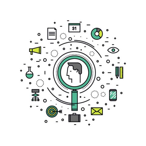 Ilustración minimalista que representa un análisis o investigación con elementos gráficos como un foco y varios iconos relacionados.