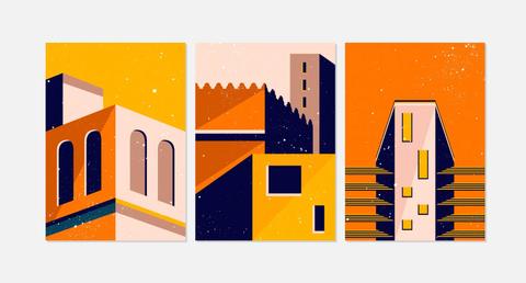 Tres ilustraciones gráficas de edificios modernos en tonos cálidos.