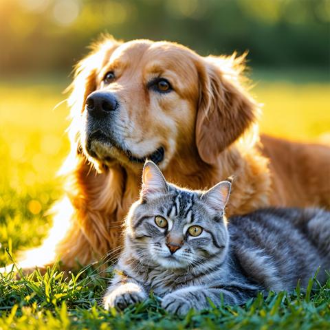Un perro y un gato descansan juntos en un prado verde mientras la luz del sol los ilumina.