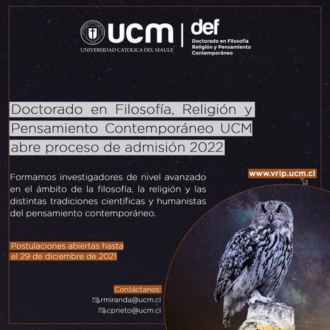 Anuncio para el proceso de admisión del Doctorado en Filosofía, Religión y Pensamiento Contemporáneo de la Universidad Católica del Maule.