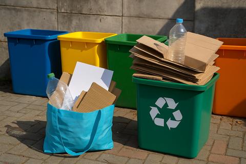 Una imagen que muestra varios contenedores de reciclaje de diferentes colores junto a una bolsa con materiales reciclables.