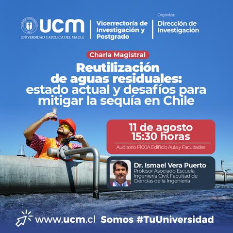 Anuncio sobre una charla magistral sobre la reutilización de aguas residuales en Chile.