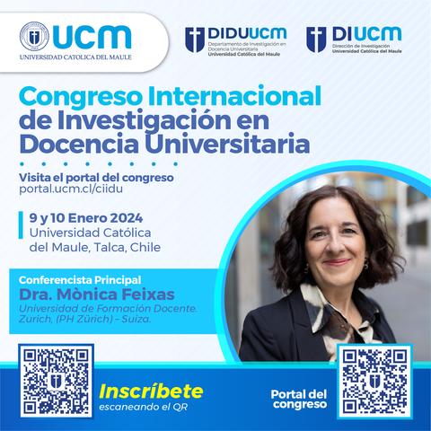 Cartel promocional del Congreso Internacional de Investigación en Docencia Universitaria que se llevará a cabo en la Universidad Católica del Maule en enero de 2024.
